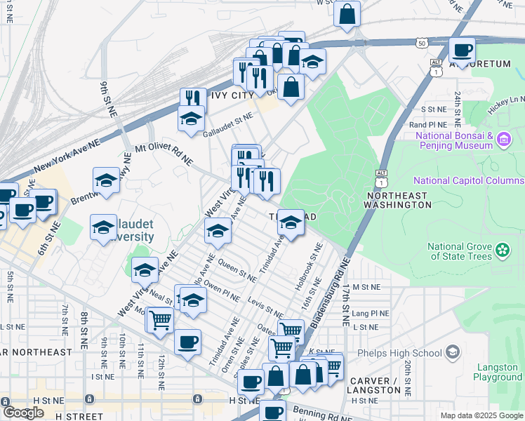 map of restaurants, bars, coffee shops, grocery stores, and more near 101 Independence Avenue Southeast in Washington