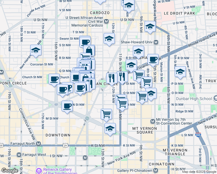 map of restaurants, bars, coffee shops, grocery stores, and more near 23 Logan Circle Northwest in Washington