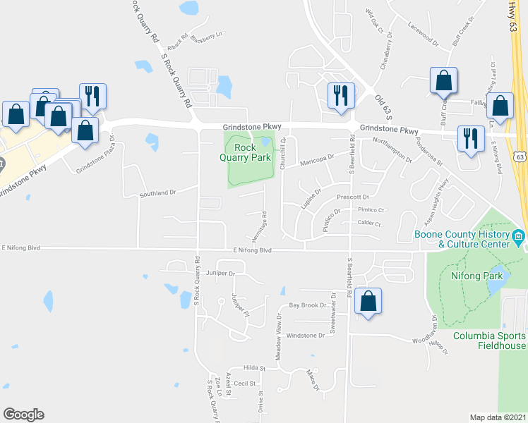 map of restaurants, bars, coffee shops, grocery stores, and more near 1903 Waverly Court in Columbia