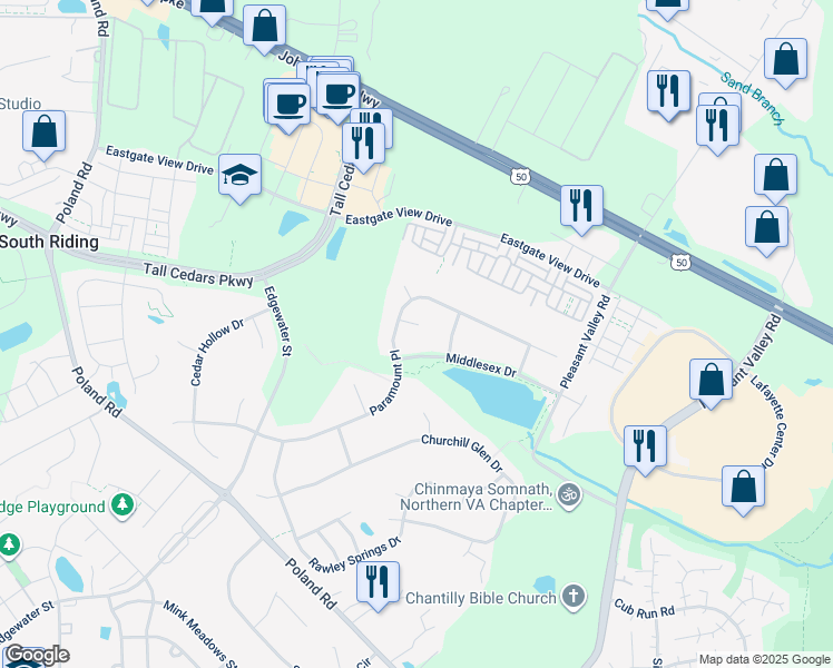 map of restaurants, bars, coffee shops, grocery stores, and more near 43881 Sherando Court in Chantilly