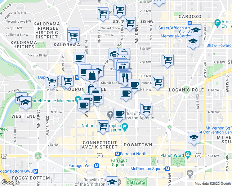 map of restaurants, bars, coffee shops, grocery stores, and more near 1718 P Street Northwest in Washington