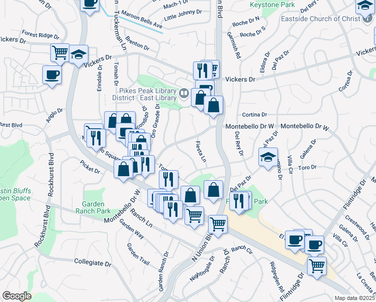 map of restaurants, bars, coffee shops, grocery stores, and more near 2739 Montebello Drive West in Colorado Springs