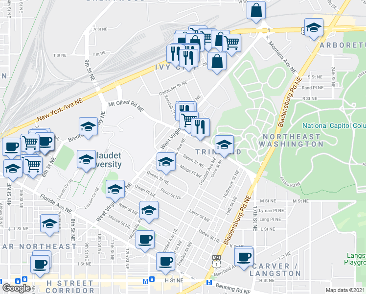 map of restaurants, bars, coffee shops, grocery stores, and more near 101 Independence Avenue Southeast in Washington