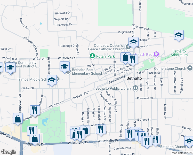 map of restaurants, bars, coffee shops, grocery stores, and more near 520 5th Street in Bethalto