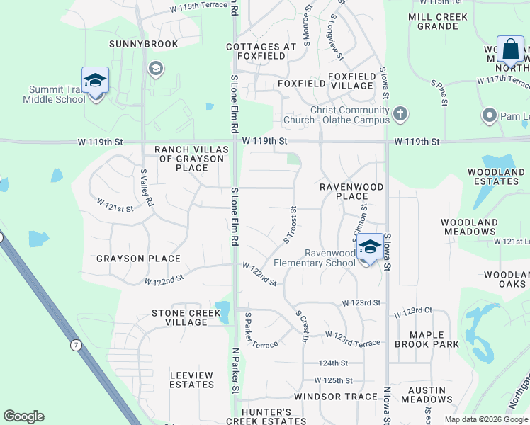 map of restaurants, bars, coffee shops, grocery stores, and more near 21367 West 120th Street in Olathe