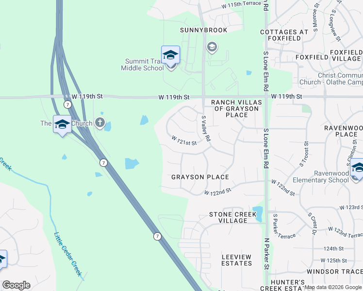 map of restaurants, bars, coffee shops, grocery stores, and more near 22177 West 120th Terrace in Olathe