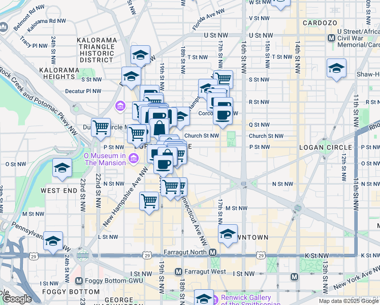 map of restaurants, bars, coffee shops, grocery stores, and more near 1779 Massachusetts Avenue Northwest in Washington