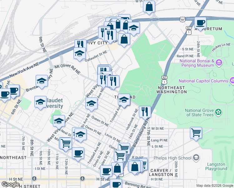 map of restaurants, bars, coffee shops, grocery stores, and more near 101 Independence Avenue Southeast in Washington