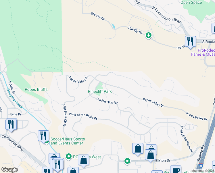 map of restaurants, bars, coffee shops, grocery stores, and more near 5415 Setters Way in Colorado Springs