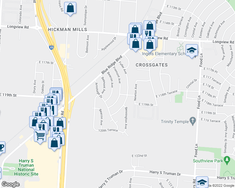 map of restaurants, bars, coffee shops, grocery stores, and more near 11810 Fremont Avenue in Kansas City