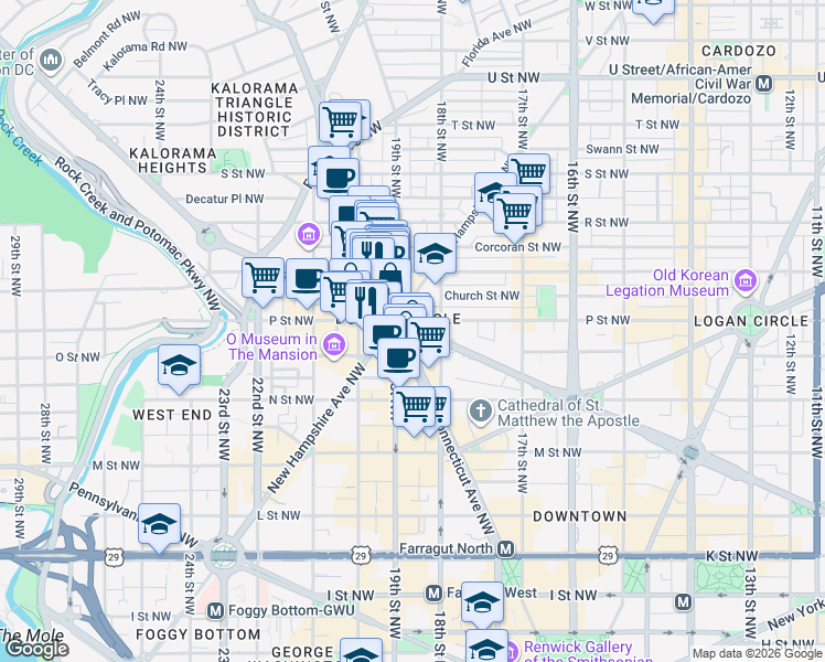 map of restaurants, bars, coffee shops, grocery stores, and more near Dupont Circle Northwest in Washington