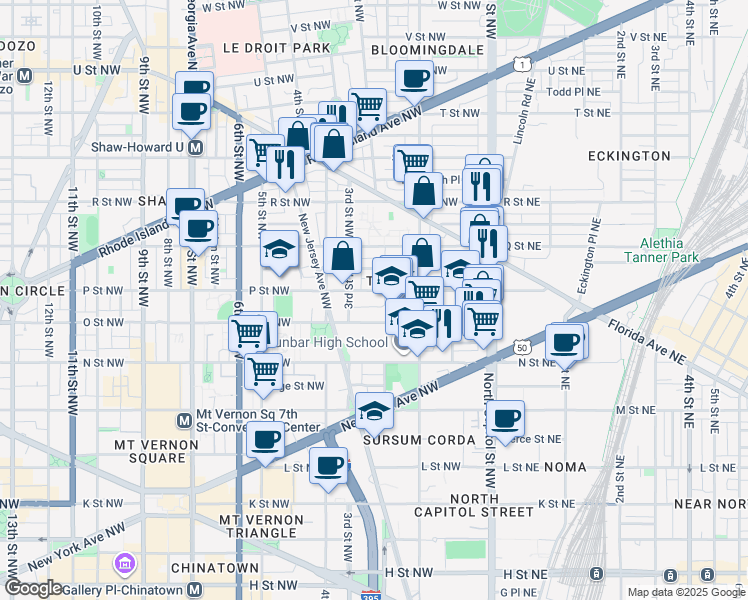 map of restaurants, bars, coffee shops, grocery stores, and more near 101 Independence Avenue Southeast in Washington