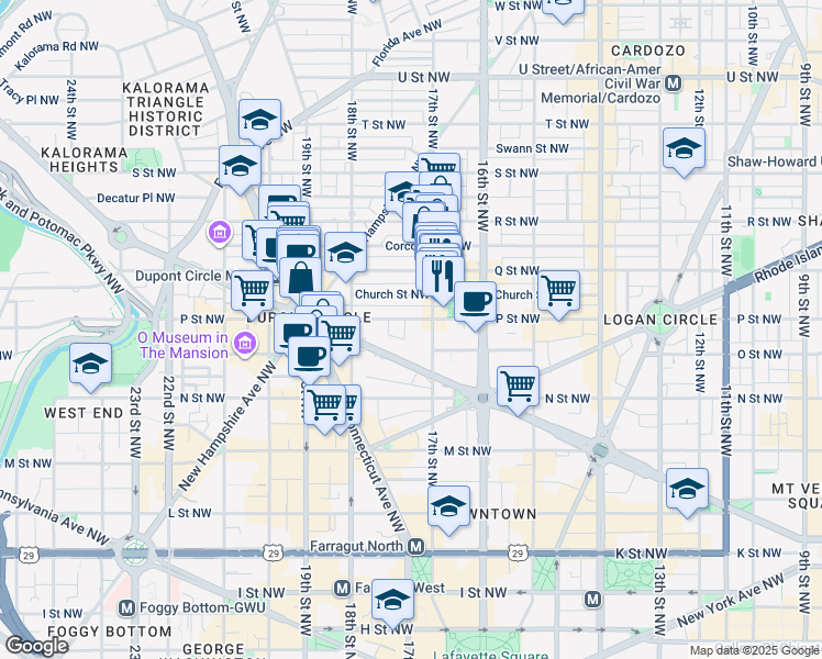map of restaurants, bars, coffee shops, grocery stores, and more near 1718 P Street Northwest in Washington