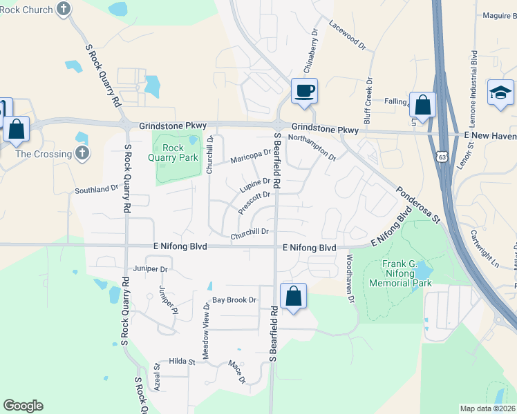 map of restaurants, bars, coffee shops, grocery stores, and more near 3617 Prescott Drive in Columbia