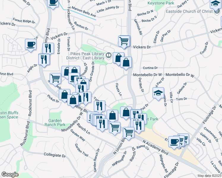 map of restaurants, bars, coffee shops, grocery stores, and more near 2739 Montebello Drive West in Colorado Springs