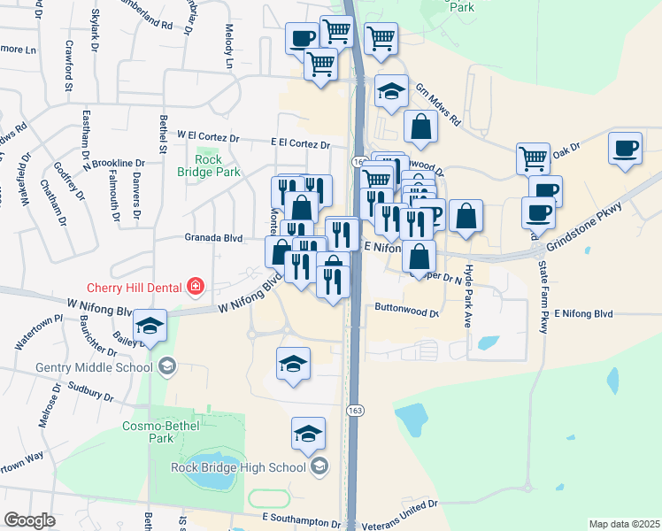 map of restaurants, bars, coffee shops, grocery stores, and more near Providence Pedway in Columbia