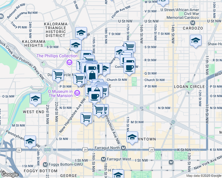 map of restaurants, bars, coffee shops, grocery stores, and more near 1779 Massachusetts Avenue Northwest in Washington