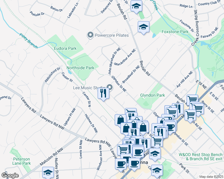 map of restaurants, bars, coffee shops, grocery stores, and more near 503 Park Street Northeast in Vienna