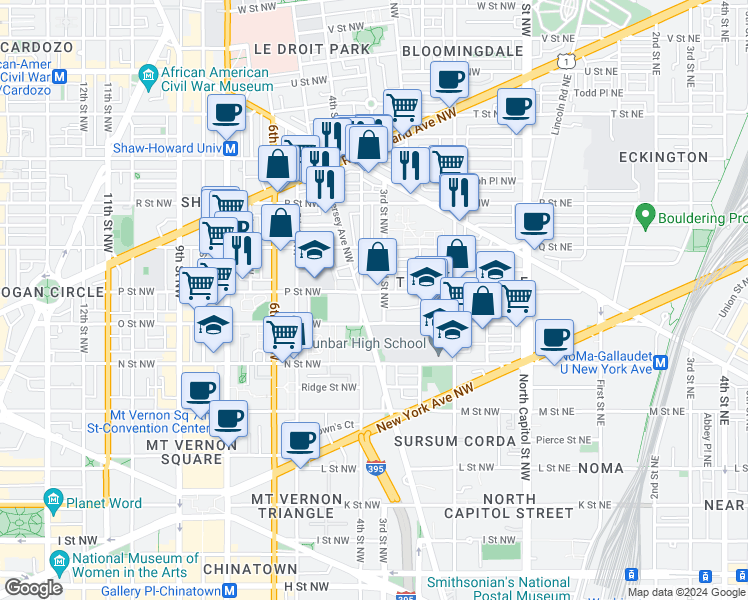 map of restaurants, bars, coffee shops, grocery stores, and more near 310 P Street Northwest in Washington