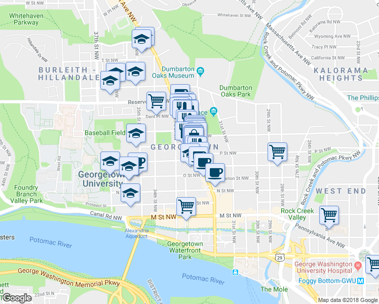 map of restaurants, bars, coffee shops, grocery stores, and more near 3208 Volta Place Northwest in Washington