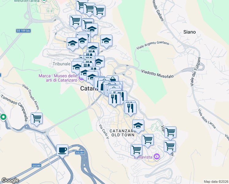 map of restaurants, bars, coffee shops, grocery stores, and more near 41 Via Francesco Acri in Catanzaro