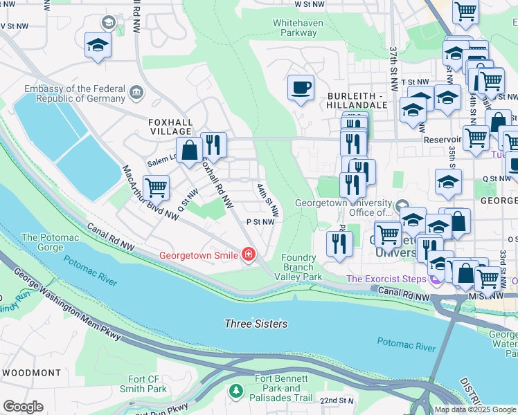map of restaurants, bars, coffee shops, grocery stores, and more near 4412 Volta Place Northwest in Washington