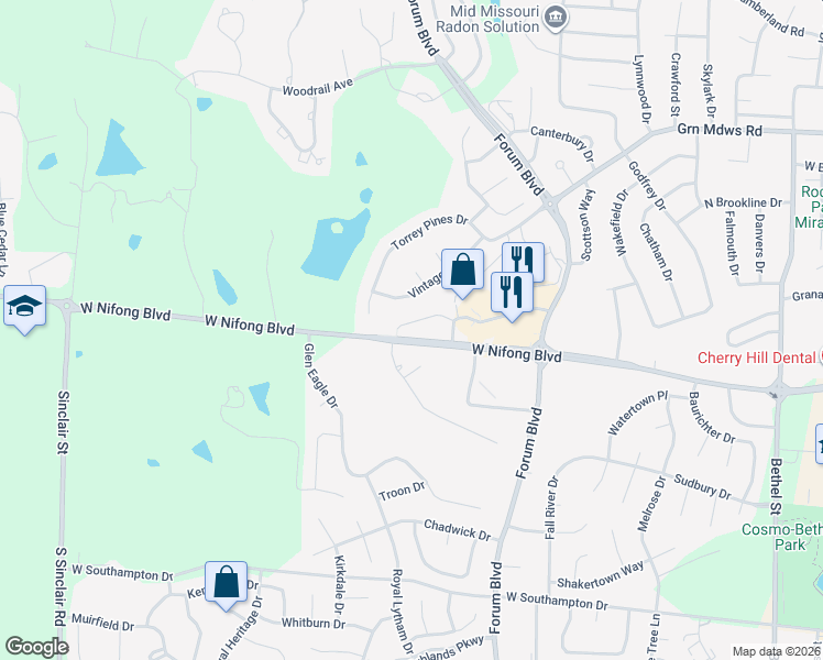 map of restaurants, bars, coffee shops, grocery stores, and more near 1304 Sedona Villas Drive in Columbia