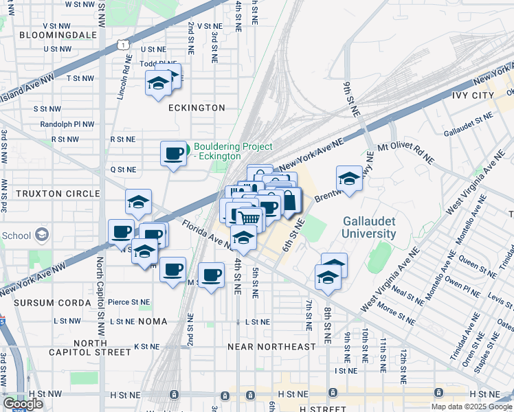 map of restaurants, bars, coffee shops, grocery stores, and more near 1300 4th Street Northeast in Washington