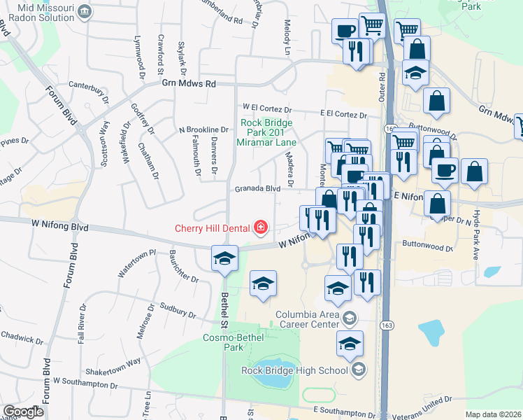 map of restaurants, bars, coffee shops, grocery stores, and more near 3711 Santiago Drive in Columbia