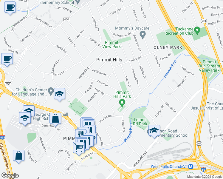 map of restaurants, bars, coffee shops, grocery stores, and more near 2040 Cherri Drive in Falls Church