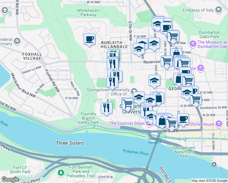 map of restaurants, bars, coffee shops, grocery stores, and more near 3700 O Street Northwest in Washington