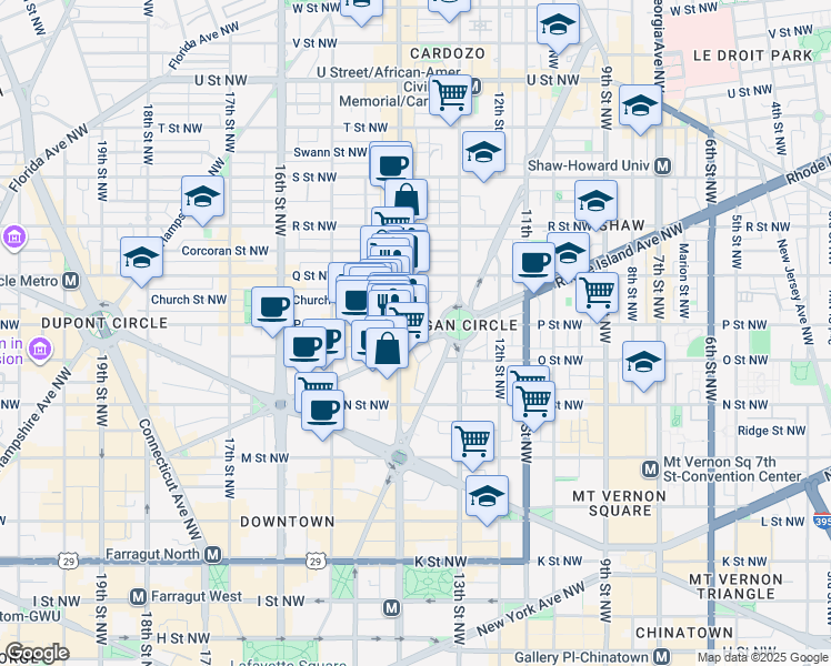 map of restaurants, bars, coffee shops, grocery stores, and more near 1317 Rhode Island Avenue Northwest in Washington