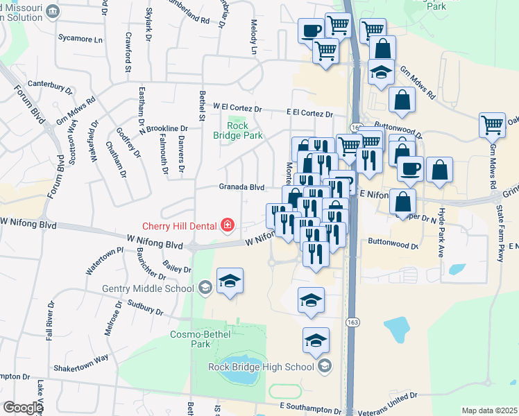 map of restaurants, bars, coffee shops, grocery stores, and more near 10 Granada Boulevard in Columbia