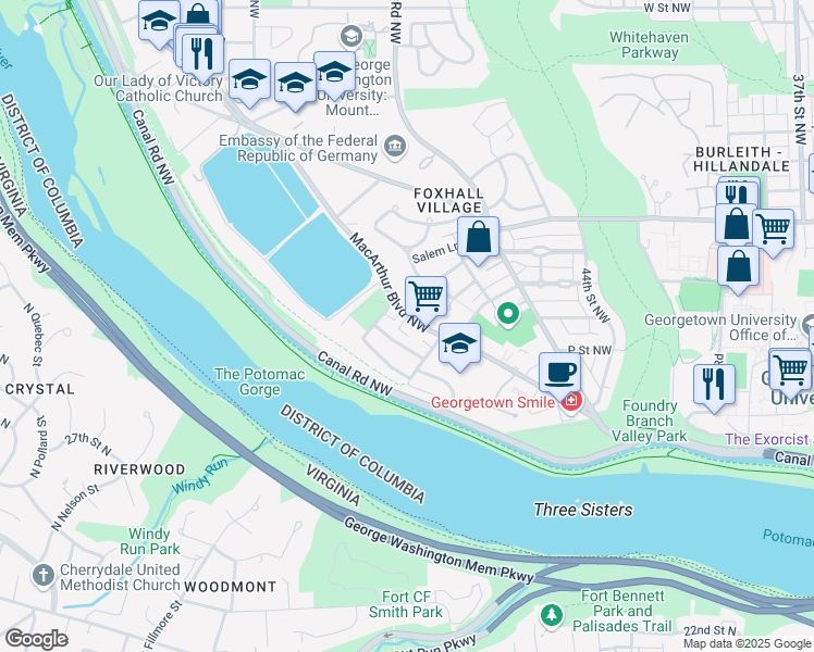 map of restaurants, bars, coffee shops, grocery stores, and more near 4570 MacArthur Boulevard Northwest in Washington