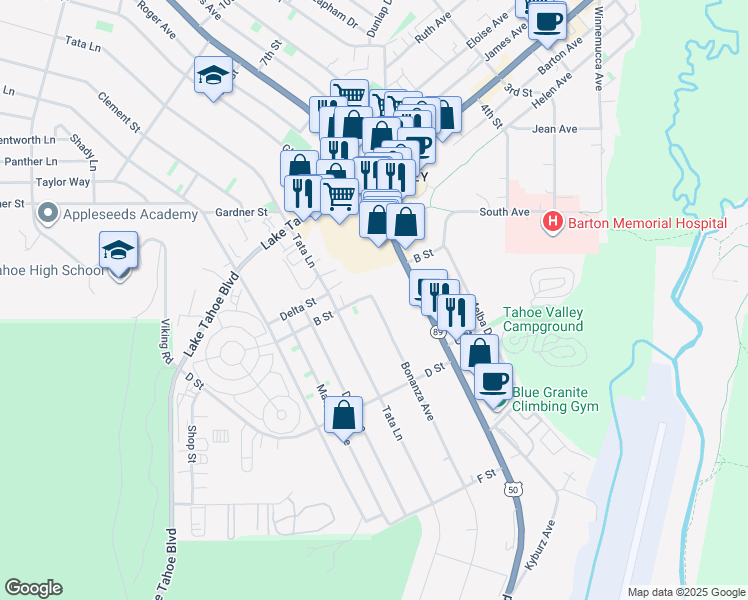 map of restaurants, bars, coffee shops, grocery stores, and more near 1966 B Street in South Lake Tahoe