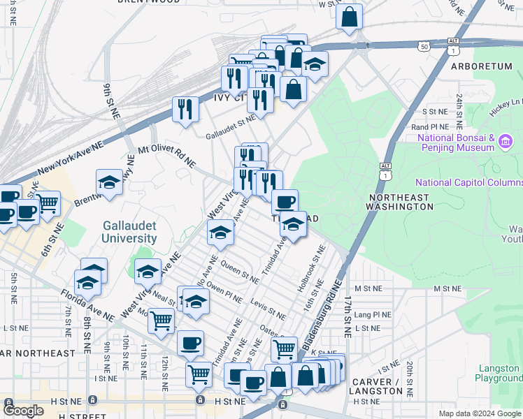 map of restaurants, bars, coffee shops, grocery stores, and more near 101 Independence Avenue Southeast in Washington