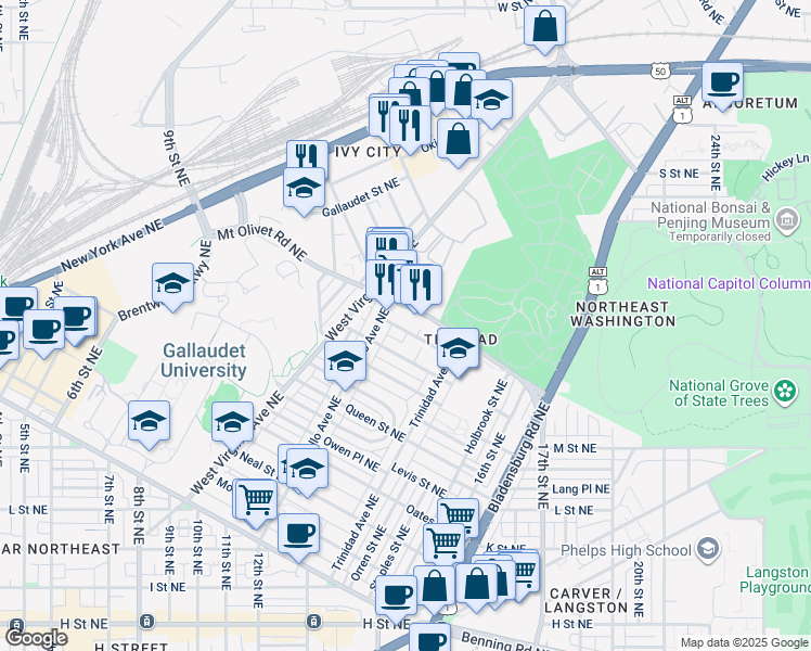 map of restaurants, bars, coffee shops, grocery stores, and more near 101 Independence Avenue Southeast in Washington