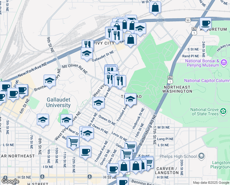 map of restaurants, bars, coffee shops, grocery stores, and more near 101 Independence Avenue Southeast in Washington