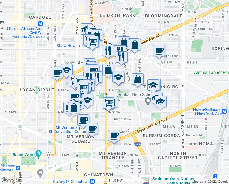 map of restaurants, bars, coffee shops, grocery stores, and more near 101 Independence Avenue Southeast in Washington