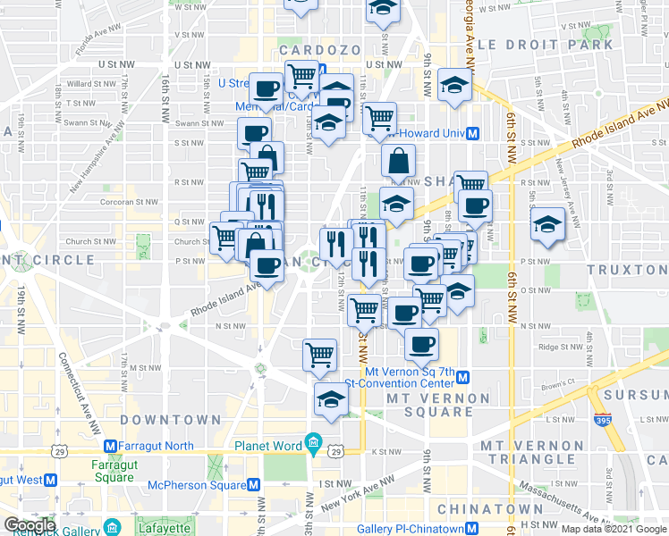 map of restaurants, bars, coffee shops, grocery stores, and more near 101 Independence Avenue Southeast in Washington