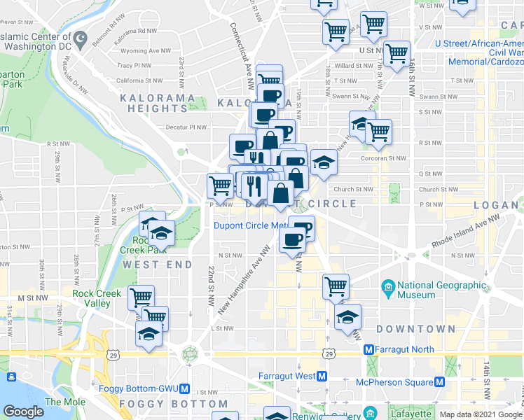 map of restaurants, bars, coffee shops, grocery stores, and more near 2012 Massachusetts Avenue Northwest in Washington