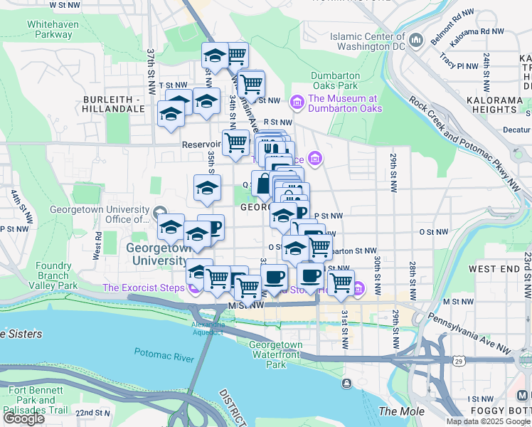 map of restaurants, bars, coffee shops, grocery stores, and more near 1519 33rd Street Northwest in Washington