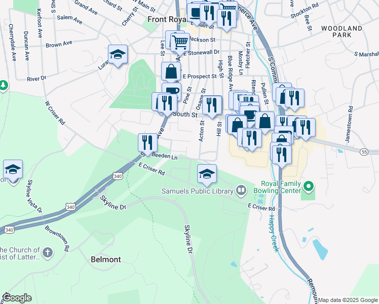 map of restaurants, bars, coffee shops, grocery stores, and more near 630 Carter Street in Front Royal