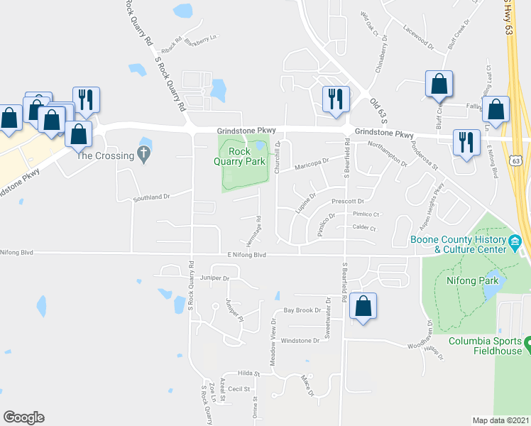 map of restaurants, bars, coffee shops, grocery stores, and more near 3604 Churchill Drive in Columbia