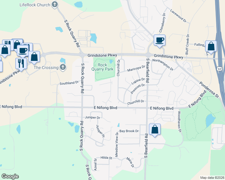 map of restaurants, bars, coffee shops, grocery stores, and more near 3604 Churchill Drive in Columbia