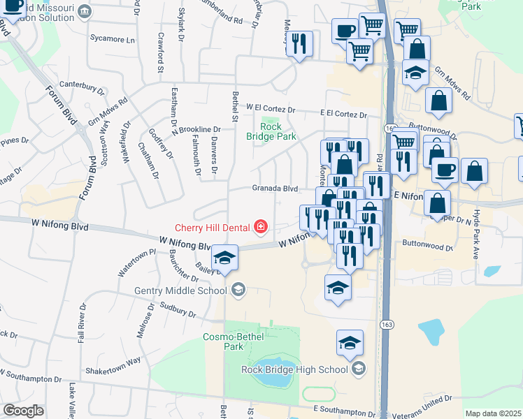 map of restaurants, bars, coffee shops, grocery stores, and more near 208 Granada Boulevard in Columbia