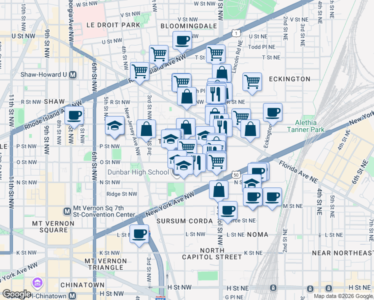 map of restaurants, bars, coffee shops, grocery stores, and more near 90 P Street Northwest in Washington