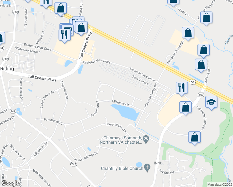map of restaurants, bars, coffee shops, grocery stores, and more near 44011 Vaira Terrace in Chantilly