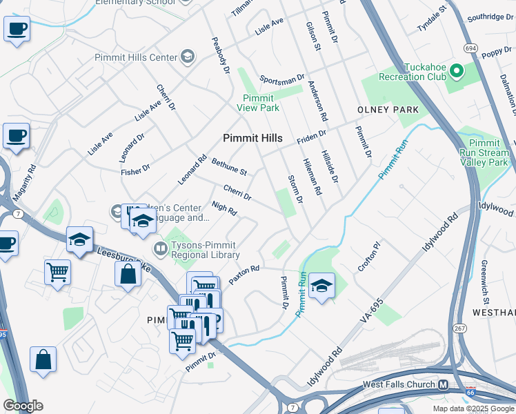 map of restaurants, bars, coffee shops, grocery stores, and more near 2040 Cherri Drive in Falls Church