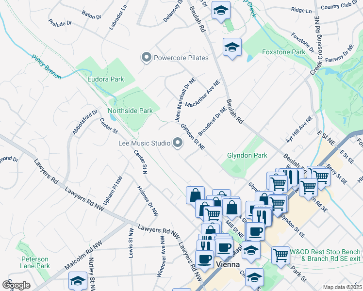 map of restaurants, bars, coffee shops, grocery stores, and more near 503 Park Street Northeast in Vienna